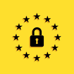 Black GDPR - General data protection regulation icon isolated on yellow background. European Union symbol. Security, safety, protection, privacy. Long shadow style. Vector.