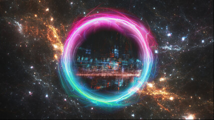 Fantasy stars background with neon worm hole leading to scifi city - obrazy, fototapety, plakaty