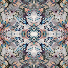 Seamless pattern with colourfull outline, structure material and batik motif, Tie Dye, kaleidoscope effect. Texture of a fabric. Abstract colorful background. Ikat, vintage, etnic style. 