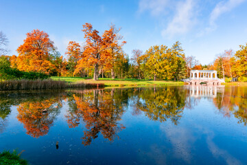 Catherine park autumn landscape with Marble bridge in Tsarskoe Selo (Pushkin), Saint Petersburg,...