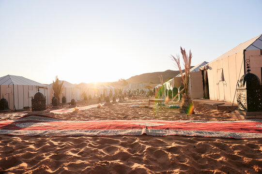 Luxury tent camp at sunrise