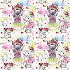 fairy tale seamless pattern. cute teddy bear. cartoon princess and castle watercolor illustration. kids toys background. 