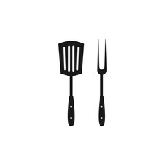 Black spatula and fork icon. BBQ and grill tools. Barbeque cutlery.