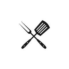 Black spatula and fork icon. BBQ and grill tools. Barbeque cutlery.