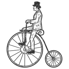 Fototapeta na wymiar Vintage man on a high bike, penny farthing. Sketch scratch board imitation coloring.