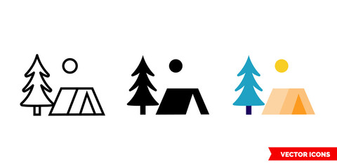 Tent in the forest icon of 3 types color, black and white, outline. Isolated vector sign symbol.