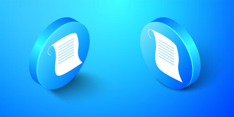 Isometric Paper scroll icon isolated on blue background. Canvas scroll sign. Blue circle button. Vector.