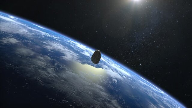 An asteroid falls to Earth. The asteroid spins and flies rapidly towards Earth. Starry sky. 4K. The stars are twinkling. 3d rendering.