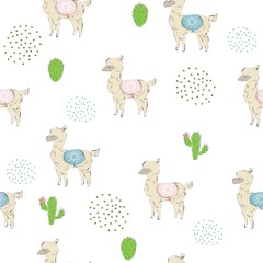 Cute seamless pattern with hand drawn couple of alpacas