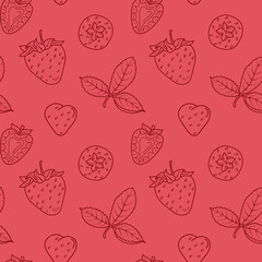 Seamless vector pattern with hand drawn cute whole and cut in half strawberries. Ruby line objects on red background. For wrapping paper, textile, print, advertising, fabric, wallpaper, web.