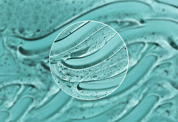 Cosmetic clear liquid transparent cream. Hyaluronic acid cosmetic gel. Skin care  product quality with zoom circle.