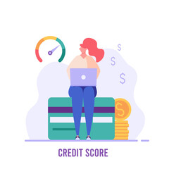 Woman sitting with laptop and checks the credit score. Concept of banks, dispensing money, credit report, mortgage, payment history, cash.  Vector illustration in flat design.