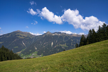 Fototapeta na wymiar Auf einer Alm in den Bergen, Urlaub in den Alpen in Österreich 2020