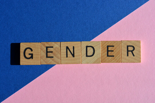 Gender, word in wood alphabet letters isolated on blue and pink background.