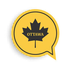 Black Canadian maple leaf with city name Ottawa icon isolated on white background. Yellow speech bubble symbol. Vector.