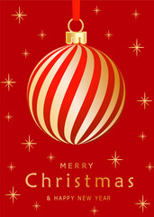 Happy New Year card or Merry Christmas greeting poster for festive winter holiday with golden gradient ball, tree on red background in modern design. Xmas poster flyer in vector