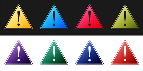Set Exclamation mark in triangle icon isolated on black and white background. Hazard warning sign, careful, attention, danger warning important sign. Vector.