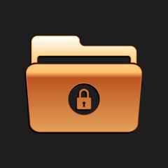 Gold Folder and lock icon isolated on black background. Closed folder and padlock. Security, safety, protection concept. Long shadow style. Vector.