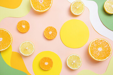 Halved lemons, oranges, tangerines on vibrant colored wave backgrounds. Paper art style on photo. Concept of citrus, vitamin C, fruit.