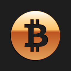 Gold Cryptocurrency coin Bitcoin icon isolated on black background. Physical bit coin. Digital currency. Blockchain based secure crypto currency. Long shadow style. Vector.