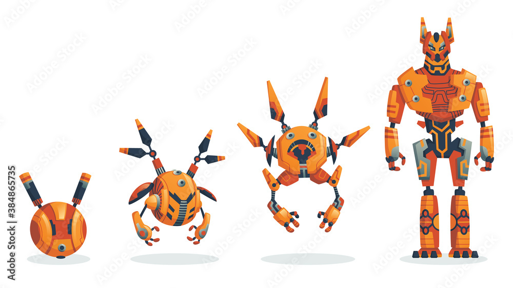Aufkleber robots. evolution of robots concept. vector isometric robots from simple single-task machine to mode
