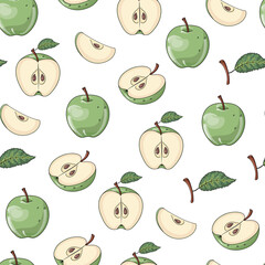 Hand drawn seamless pattern with whole, half and cut fresh green apple fruits. Cute vector graphic texture for package, label, wrapping paper, card, gift, fabric, print, banner, wallpaper, textile.