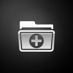 Obraz premium Silver Medical health record folder for healthcare icon isolated on black background. Patient file icon. Medical history symbol. Long shadow style. Vector.