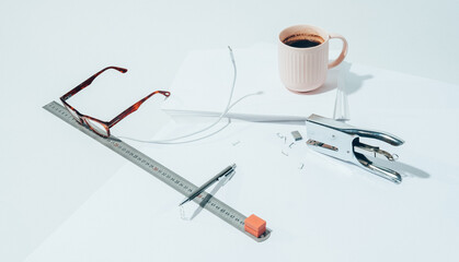 BORED AT OFFICE""-part I -white series /Office supplies / objects-abstract set ups.