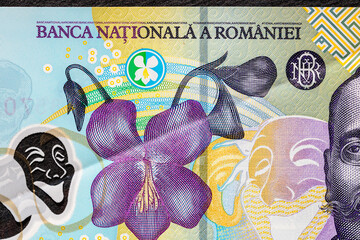 Selective focus on detail of lei banknotes. Close up macro detail of romanian lei banknotes, 100 lei isolated. World money concept, inflation and economy concept