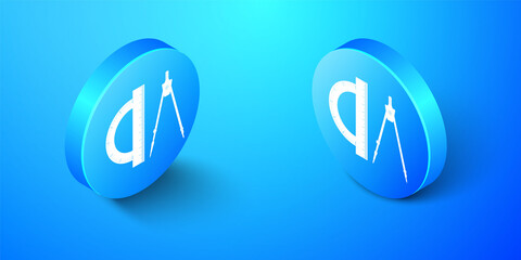 Isometric Protractor and drawing compass icon isolated on blue background. Drawing professional instrument. Geometric equipment. Education sign. Blue circle button. Vector.