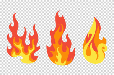 Set of red and orange fire flame. Flames of different shapes. Fireball set, flaming symbols. Idea of energy and power. Collection of hot flaming element. Vector icons in cartoon style