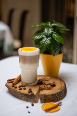 The cup of hot coffee drink latte cappuccino 