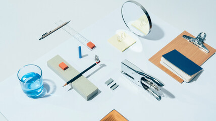 BORED AT OFFICE""-part I -white series /Office supplies / objects-abstract set ups.