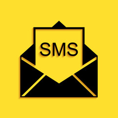 Black Envelope icon isolated on yellow background. Received message concept. New, email incoming message, sms. Mail delivery service. Long shadow style. Vector.