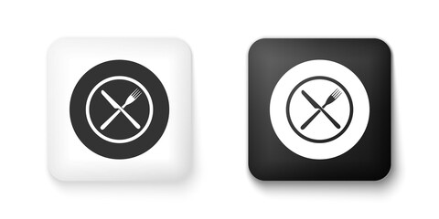 Black and white Crossed fork and knife on plate icon isolated on white background. Restaurant symbol. Square button. Vector.