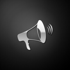 Silver Megaphone icon isolated on black background. Long shadow style. Vector.