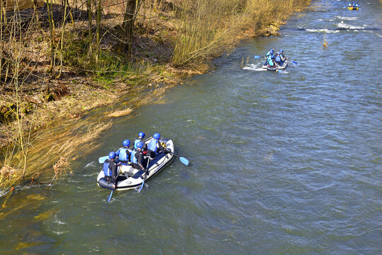 Traditional spring cruise on the river Ostravice near the village of Ostravice, mountains Beskydy, Moravia, Czech Republic