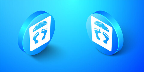 Isometric Bathroom scales with footprints icon isolated on blue background. Weight measure Equipment. Weight Scale fitness sport concept. Blue circle button. Vector.
