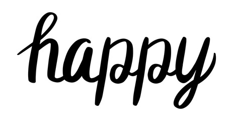 Word happy in black ink. Vector calligraphy, design template isolated. hand drawn lettering.