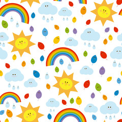 Childish and colorful seamless pattern with rainbow, happy sun, clouds, leaf, raindrops.