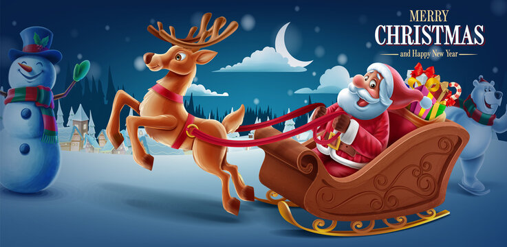 merry christmas with santa claus sleigh