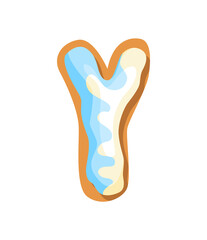 Cartoon cookies font. Confectioners stylized capital letter Y. Vector english ABC baking in colored glaze. Creative gingerbread alphabet design. Childhood sweet biscuit and doughnut