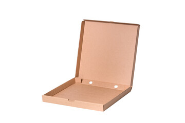 Opened brown carton pizza box, food case