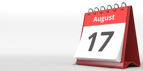 August 17 date on the flip calendar page, 3d rendering
