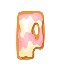 Cartoon cookies font. Confectioners stylized capital letter P. Vector english ABC baking in colored glaze. Creative gingerbread alphabet design. Childhood sweet biscuit and doughnut
