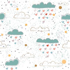 Cute Seamless pattern with hearts and clouds raining hearts on paper background
