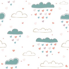 Cute Seamless pattern with hearts and clouds raining hearts on paper background