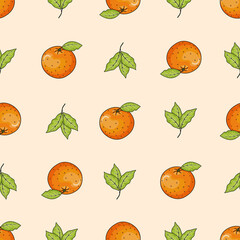 Seamless vector pattern with cute hand drawn oranges and leaves on orange background. Graphic texture for wrapping paper, invitation, card, gift, fabric, wallpaper, web, textile, advertising or poster