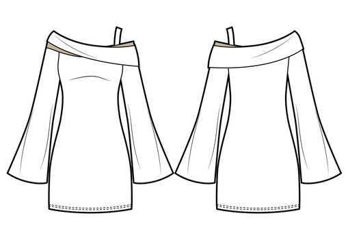 Shoulderless classic fit dress with flared sleeves. Fashion technical sketch. Vector illustration