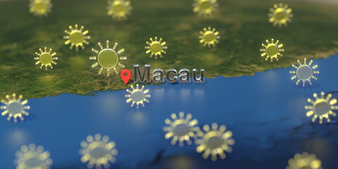 Macau city and sunny weather icon on the map, weather forecast related 3D rendering